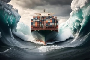 loaded container cargo ship is seen in the front as it speeds over the ocean