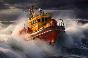 rescue or coast guard patrol boat industrial vessel in blue sea ocean water