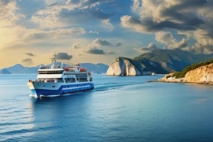 ferry back to zakynthos port with dramatic greek sky