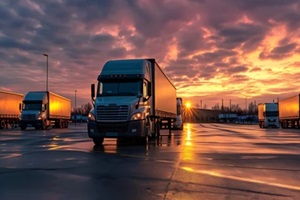 trucks parked at dusk and sunset in a commercial park