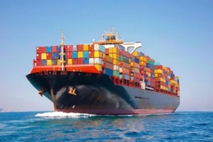 cargo container ship, laden with containers, operates for import and export purposes, facilitating the global trade of goods