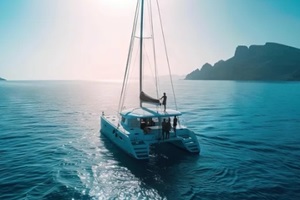 catamaran on the blue ocean water with blue cloudy skies traveling to exotic tropical islands
