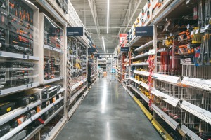 Store for home improvement and DIY. Warehouse aisle of building materials in industrial store. Shallow DOF