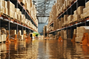 Warehouse Waterscape - Flooded Warehouse With Cardboard Boxes Floating On Water. Generative AI