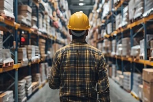 male worker in a hard hat carrying boxes in a retail warehouse full of shelves