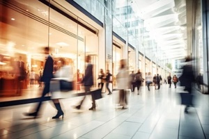 motion blur of people with shopping bags in a busy shopping mall