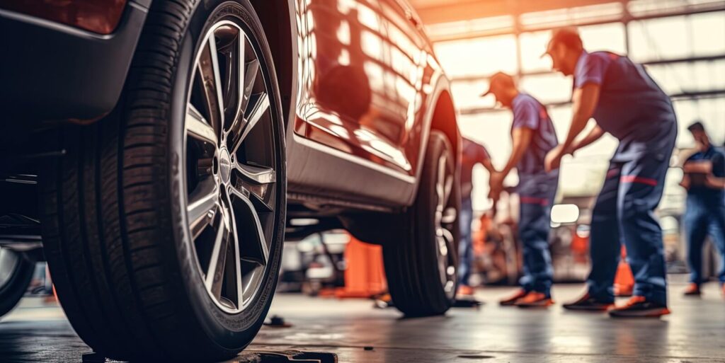 car mechanics changing tire at auto repair shop garage