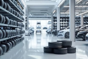 stack of tires is displayed in the foreground with cars parked on both sides and an empty white floor in the background