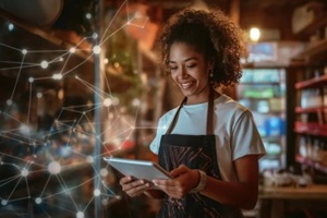 cheerful small business owner using digital tablet in shop