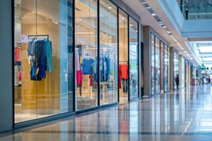 contemporary clothing boutique inside a bright shopping mall