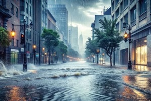 dramatic photo of a flooded city street during heavy rain , flood, natural disaster, rain, water