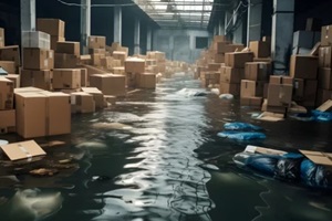 flooded warehouse along with cardboard boxes floats on water due to floods