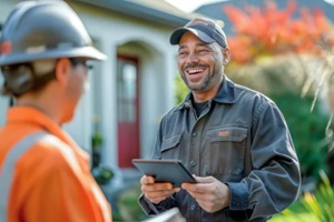 landscape arborist technician builder contractor using a tablet to communicate with crew on the job site