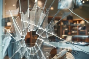 shattered glass window with blurred store interior