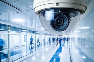 surveillance camera is monitoring a busy hallway