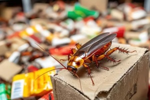 cluttered storage room where cockroaches are feasting on neglected food packages