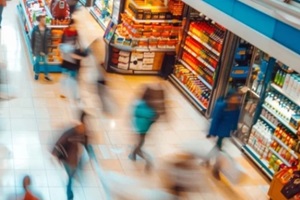 high-angle view of a busy department store aisle with shoppers blurred in motion, showcasing the fast-paced nature of retail