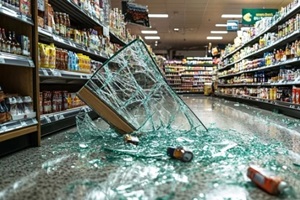 broken glass display case littering supermarket aisle floor