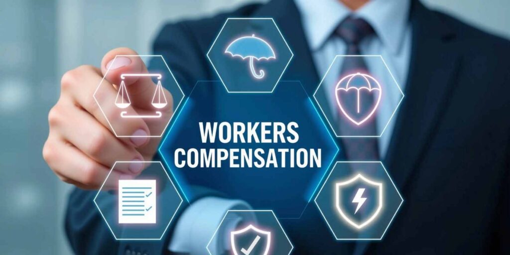 Businessman Interacting with Workers Compensation Benefits Digital Icons