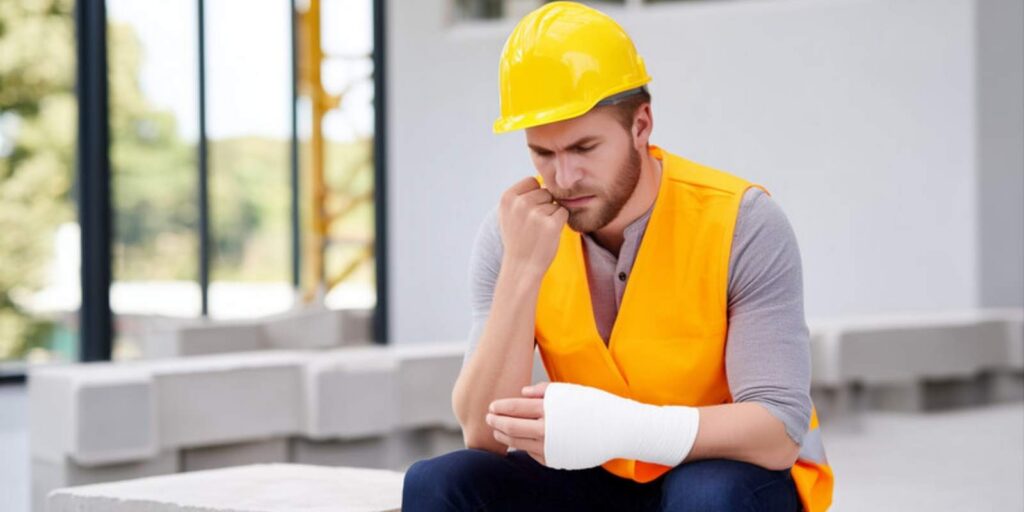 Injured Construction Worker Sitting at Site in Yellow Hardhat and Safety Vest