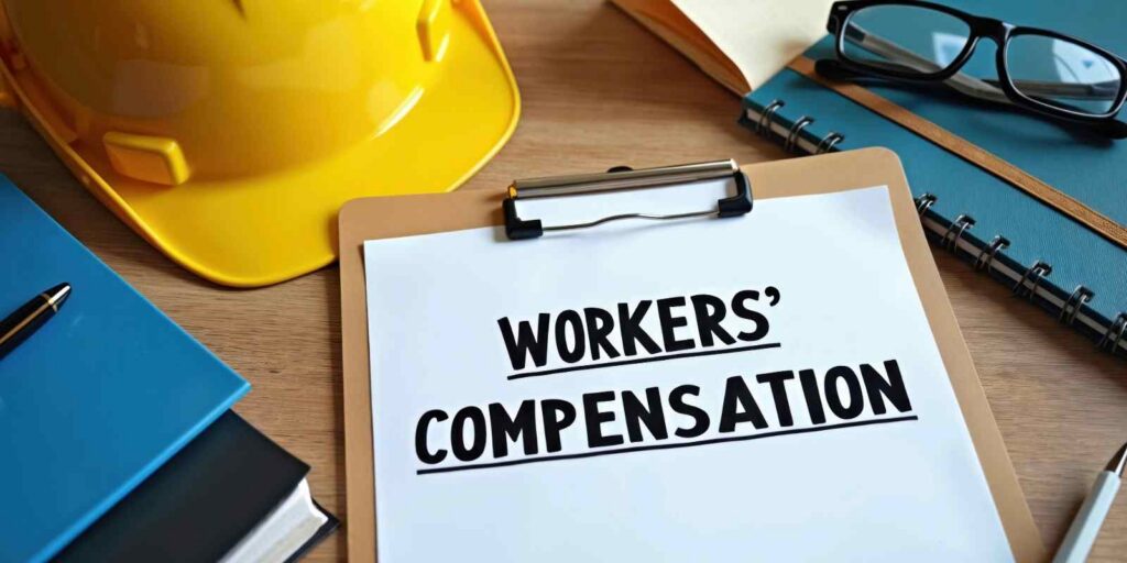 Workers Compensation Text on Clipboard Near Yellow Hard Hat and Glasses